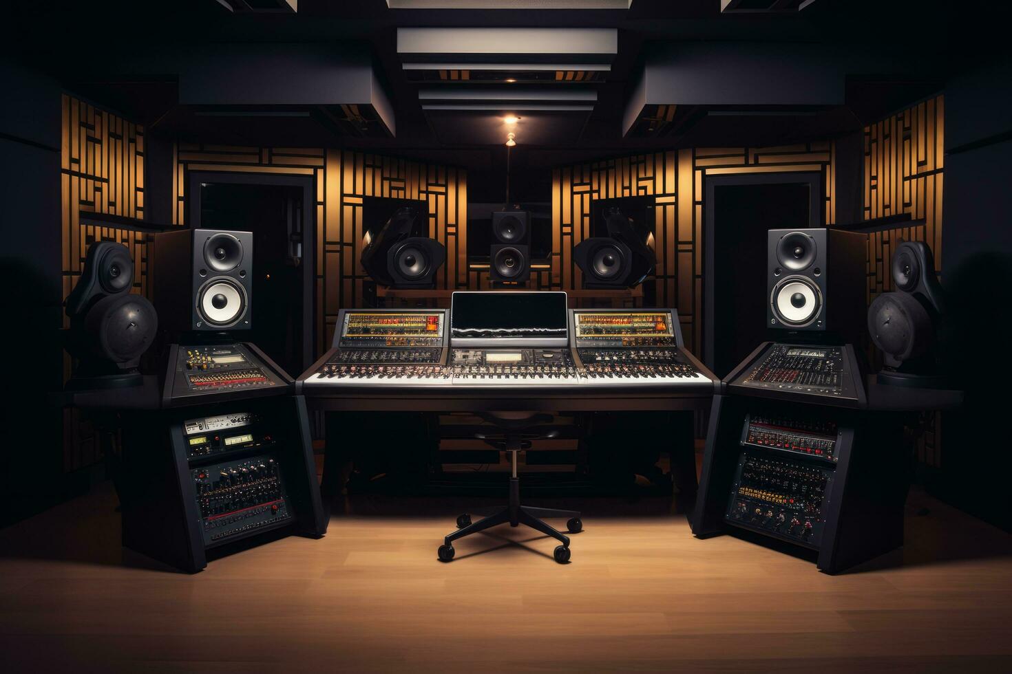 AI generated A professional music studio with a large mixing console, computer monitors, and studio monitors photo