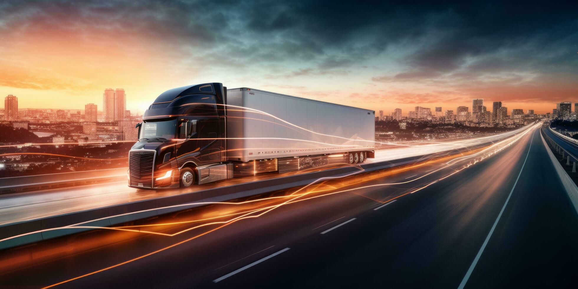 AI generated Semi truck driving on highway with digital connectivity and data streams concept photo