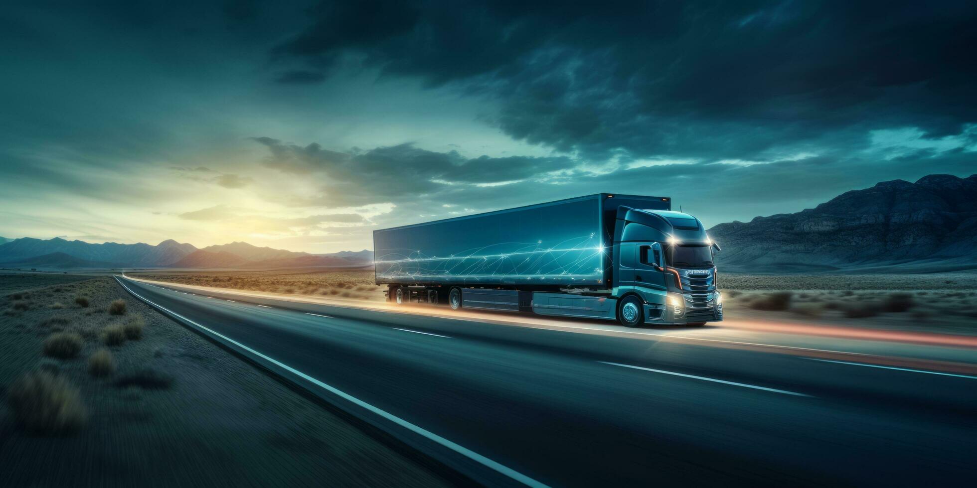 AI generated Semi truck driving on highway with digital connectivity and data streams concept photo