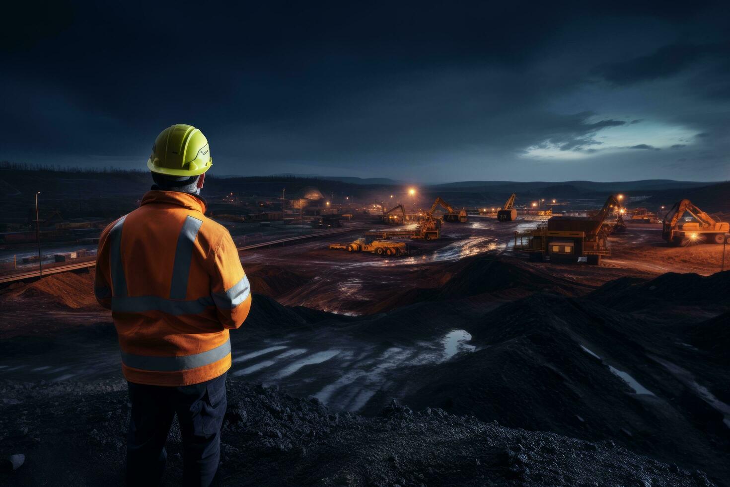 AI generated Rear view of a worker in high visibility gear overlooking a mining operation at dusk photo