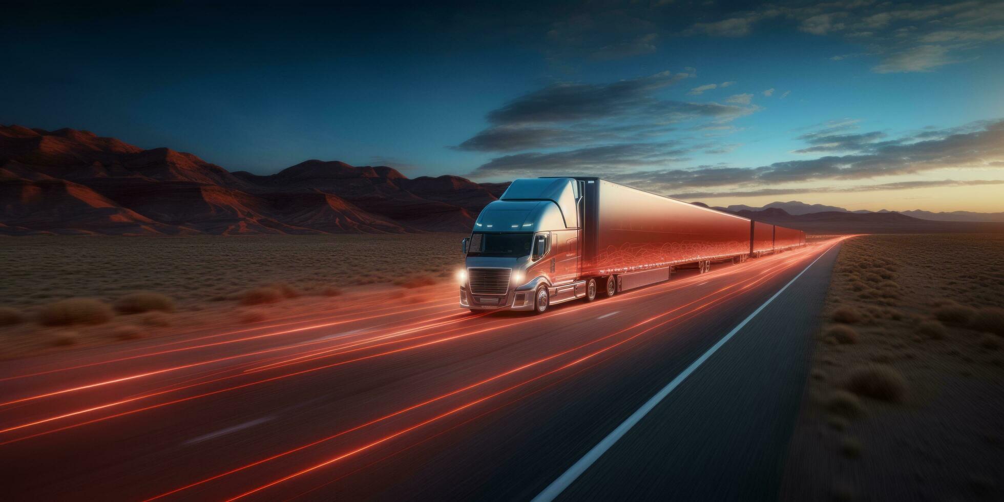 AI generated Semi truck driving on highway with digital connectivity and data streams concept photo