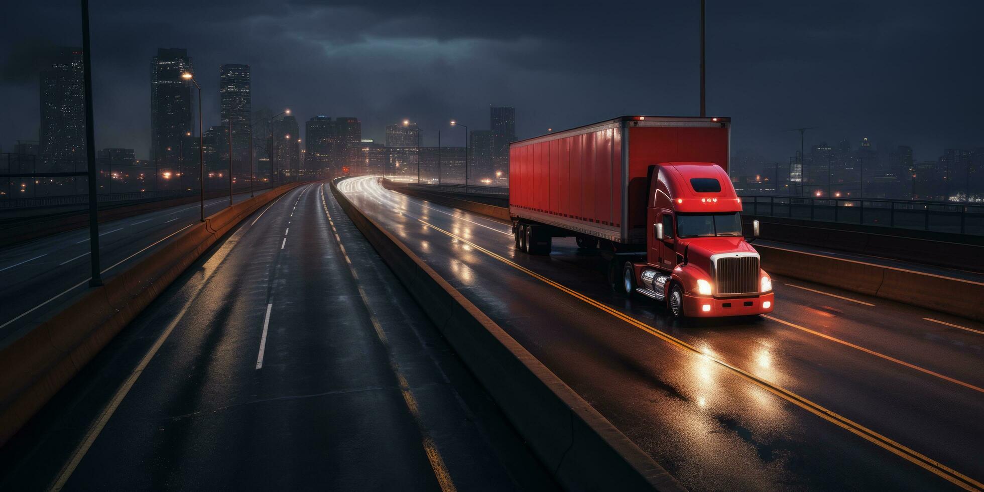 AI generated Semi truck driving on highway with digital connectivity and data streams concept photo