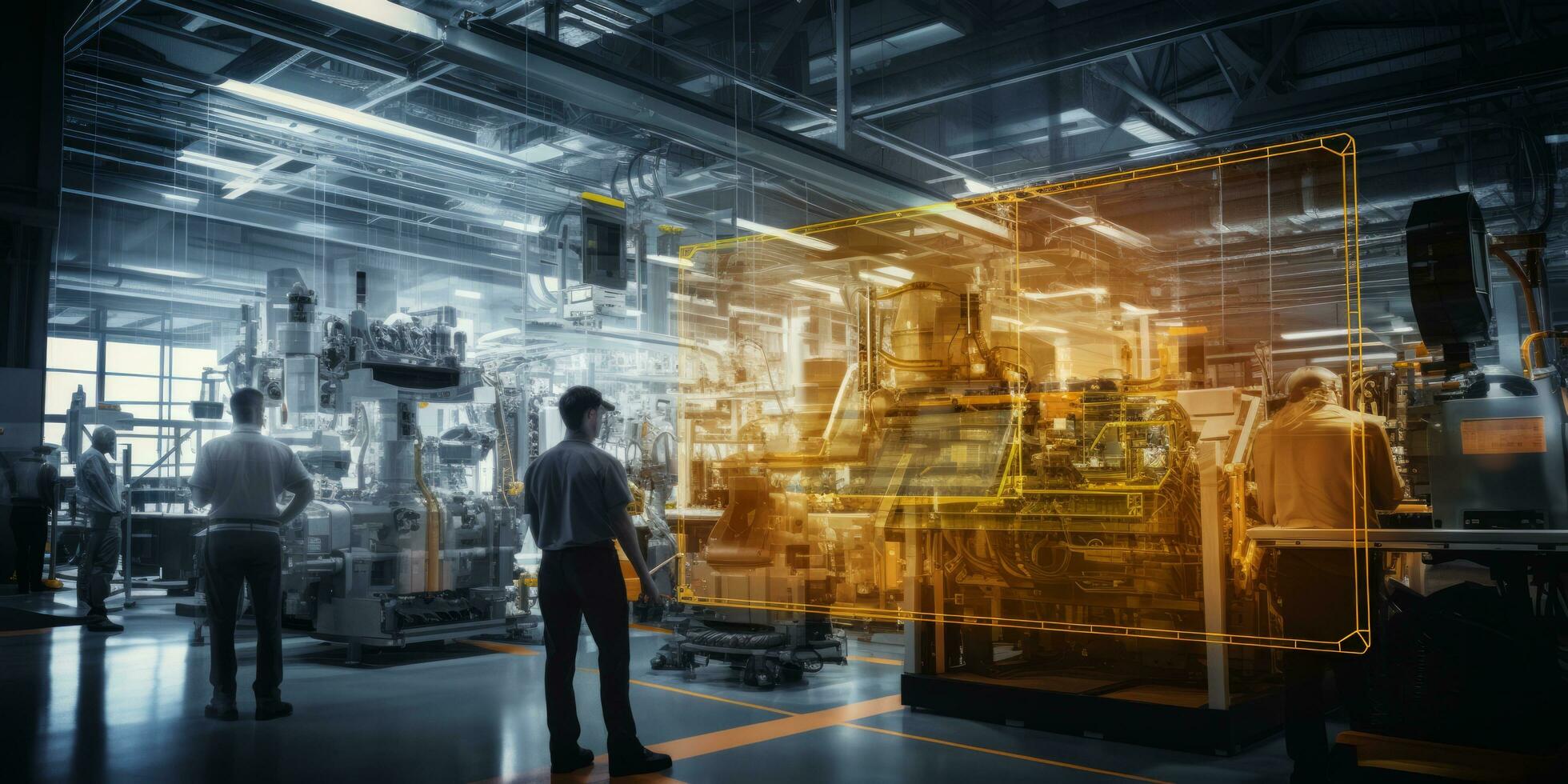 AI generated Workers interacting and using equipment in a modern manufacturing facility with digital efficiency overlays photo