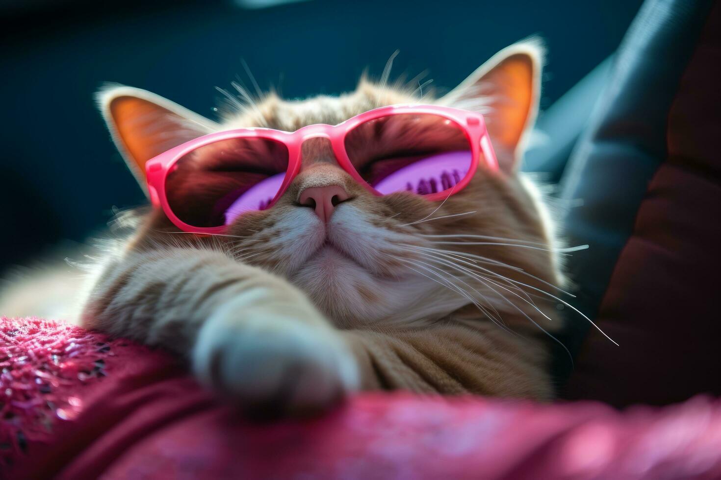 AI generated Cat wearing heart shaped sunglasses lying on a pillow photo