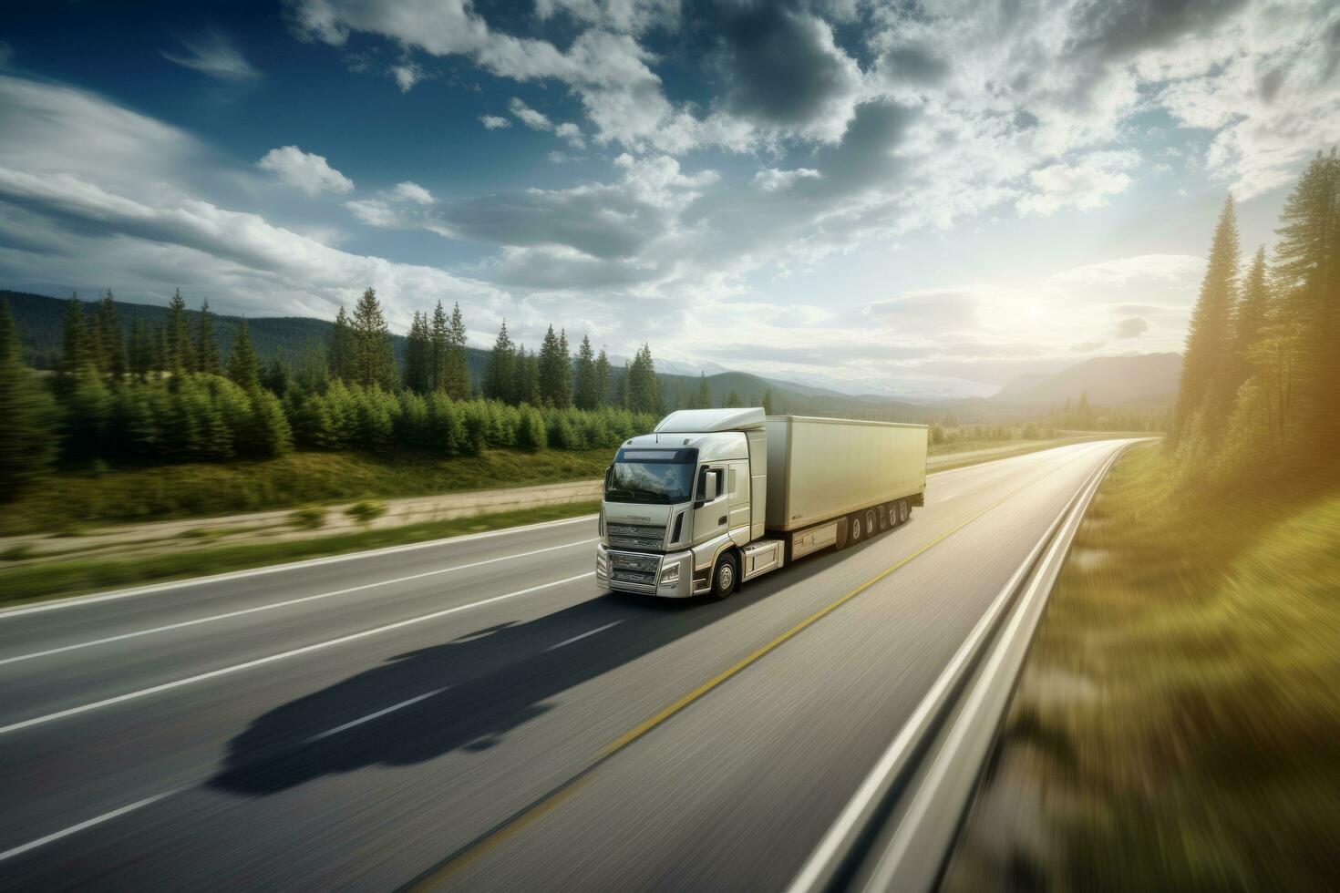 AI generated Semi truck driving on highway with digital connectivity and data streams concept photo