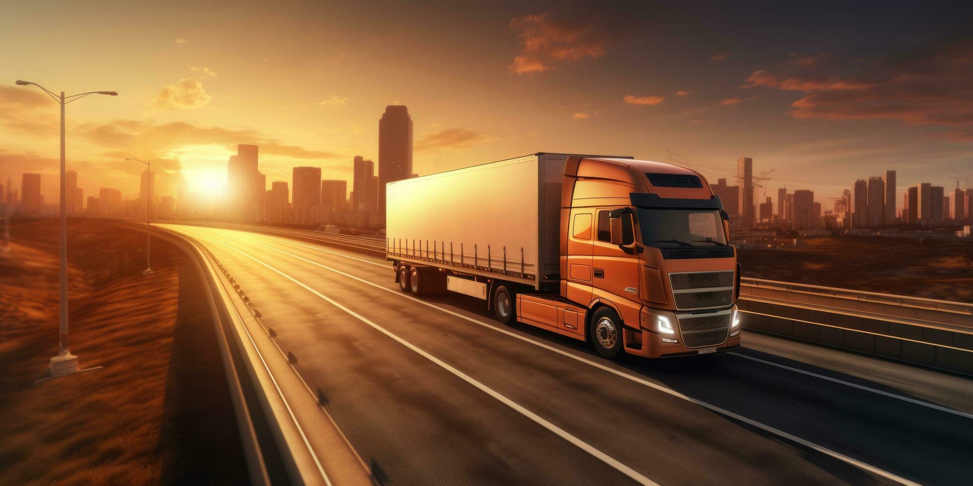 AI generated Semi truck driving on highway with digital connectivity and data streams concept photo