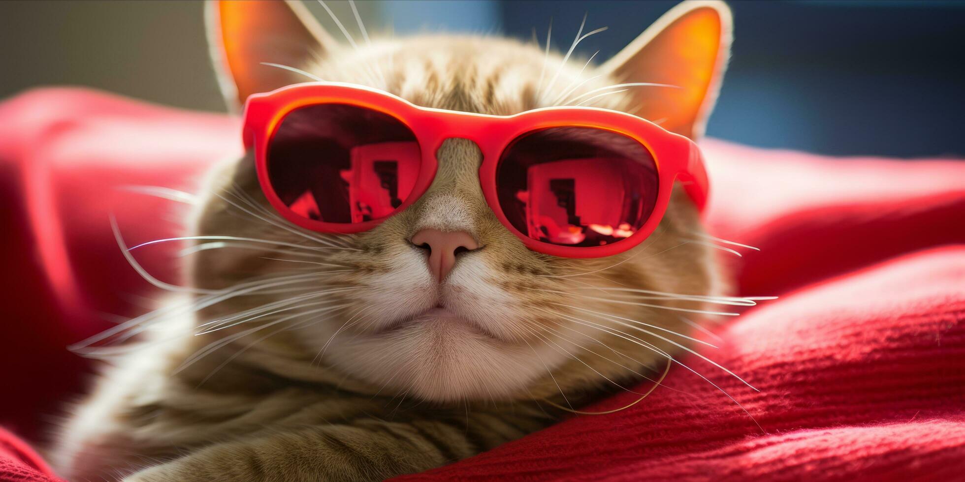 AI generated Cat wearing heart shaped sunglasses lying on a pillow photo