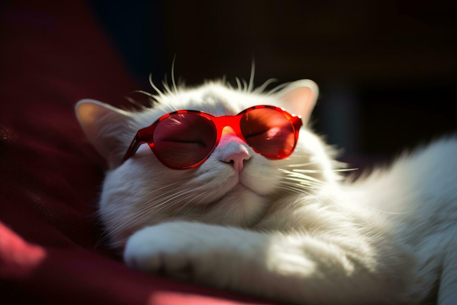 AI generated Cat wearing heart shaped sunglasses lying on a pillow photo