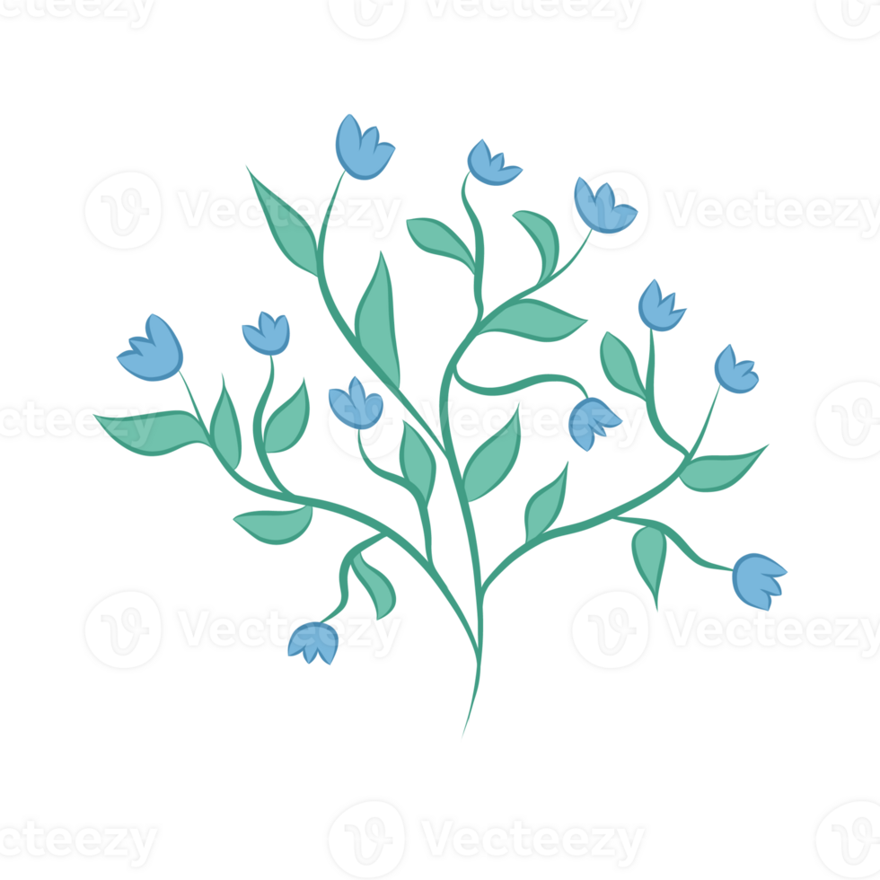 blue flowers on a branch with leaves on a transparent background png