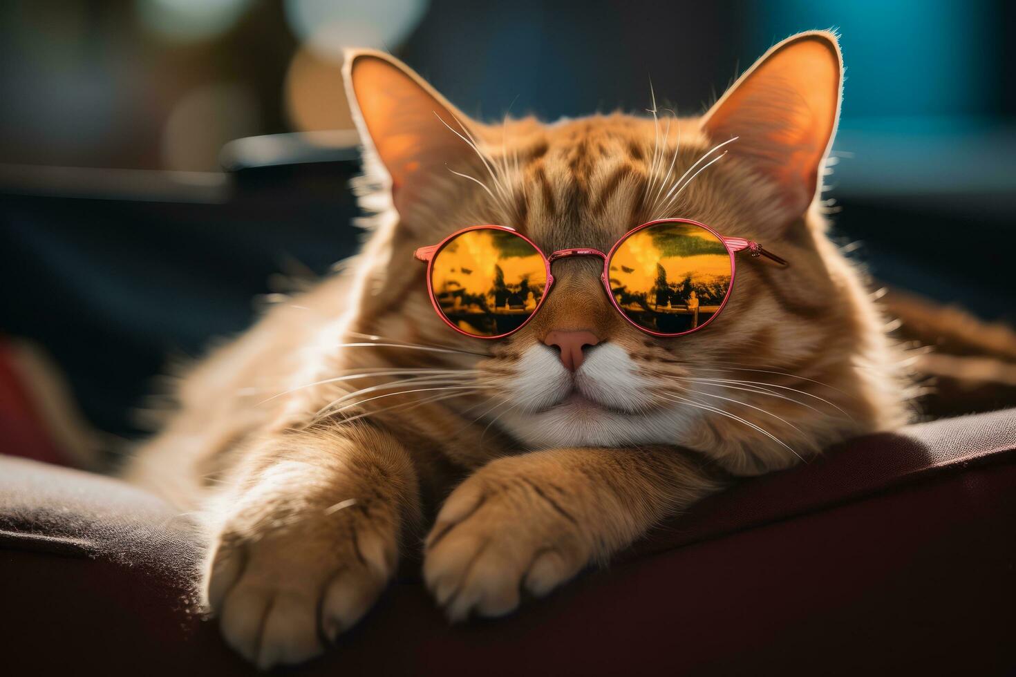 AI generated Cat wearing heart shaped sunglasses lying on a pillow photo