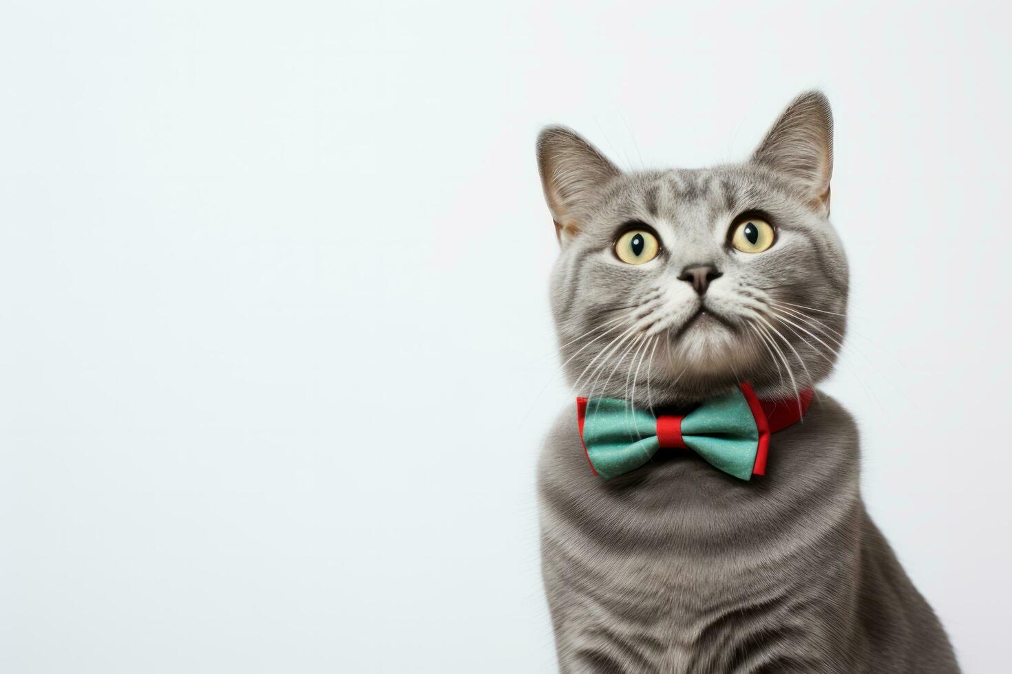 AI generated Grey cat with a red bow tie looking up photo