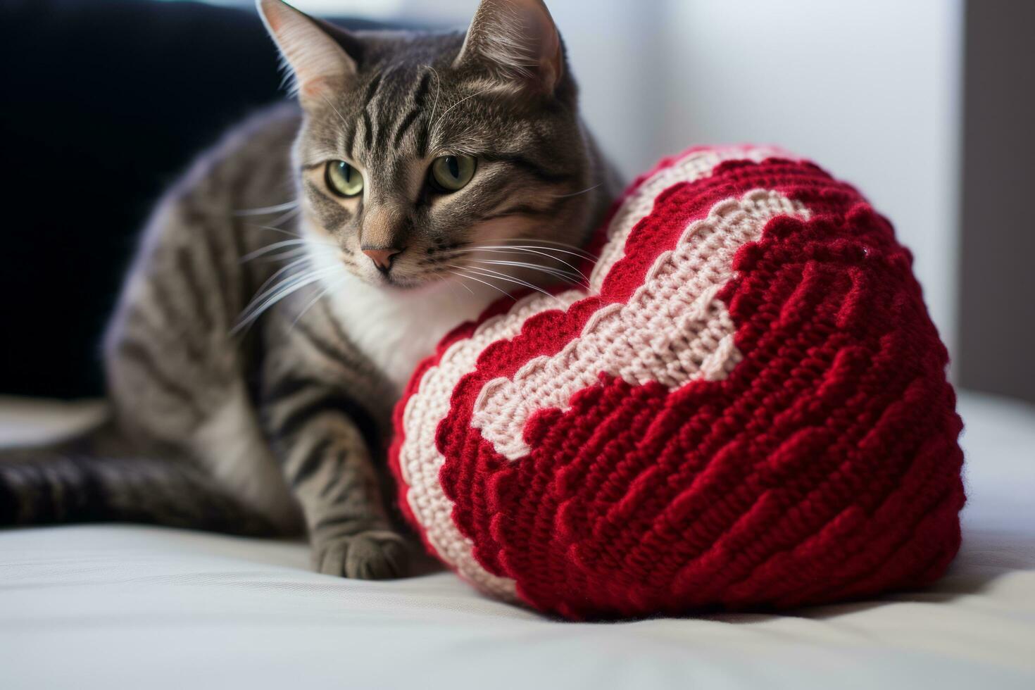 AI generated Cat with a knitted heart cushion photo