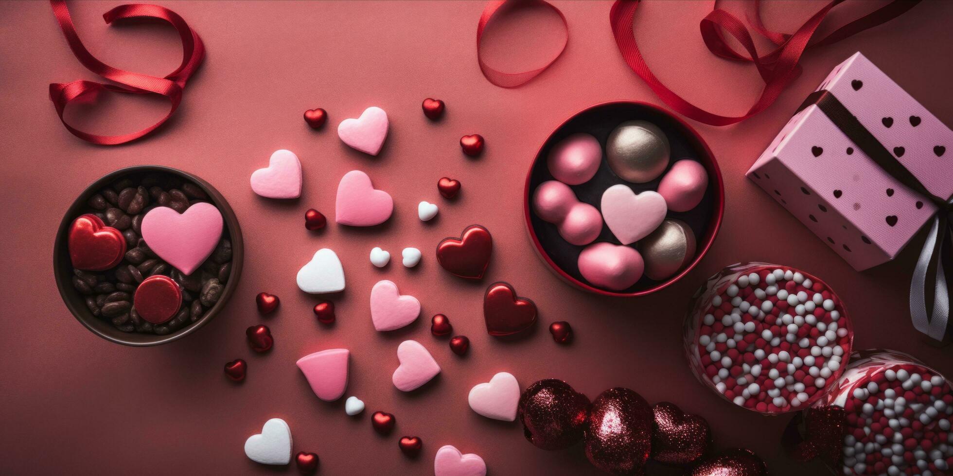AI generated Valentine themed flat lay with gifts and candies photo
