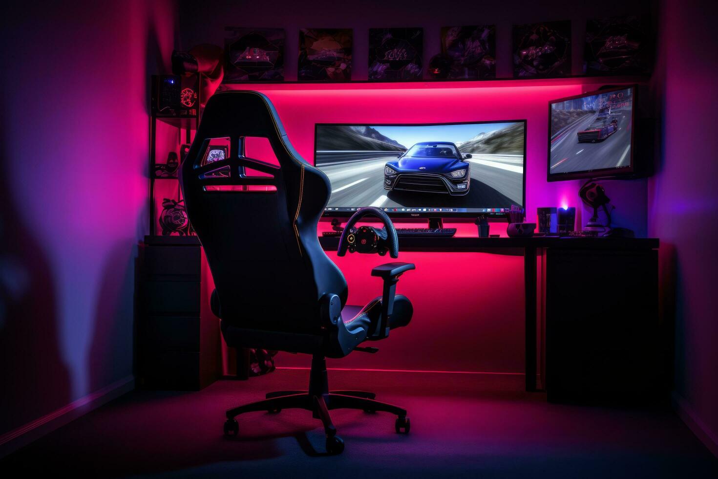 AI generated A gaming setup with a racing game on the screen, gaming chair in the foreground, and ambient lighting photo