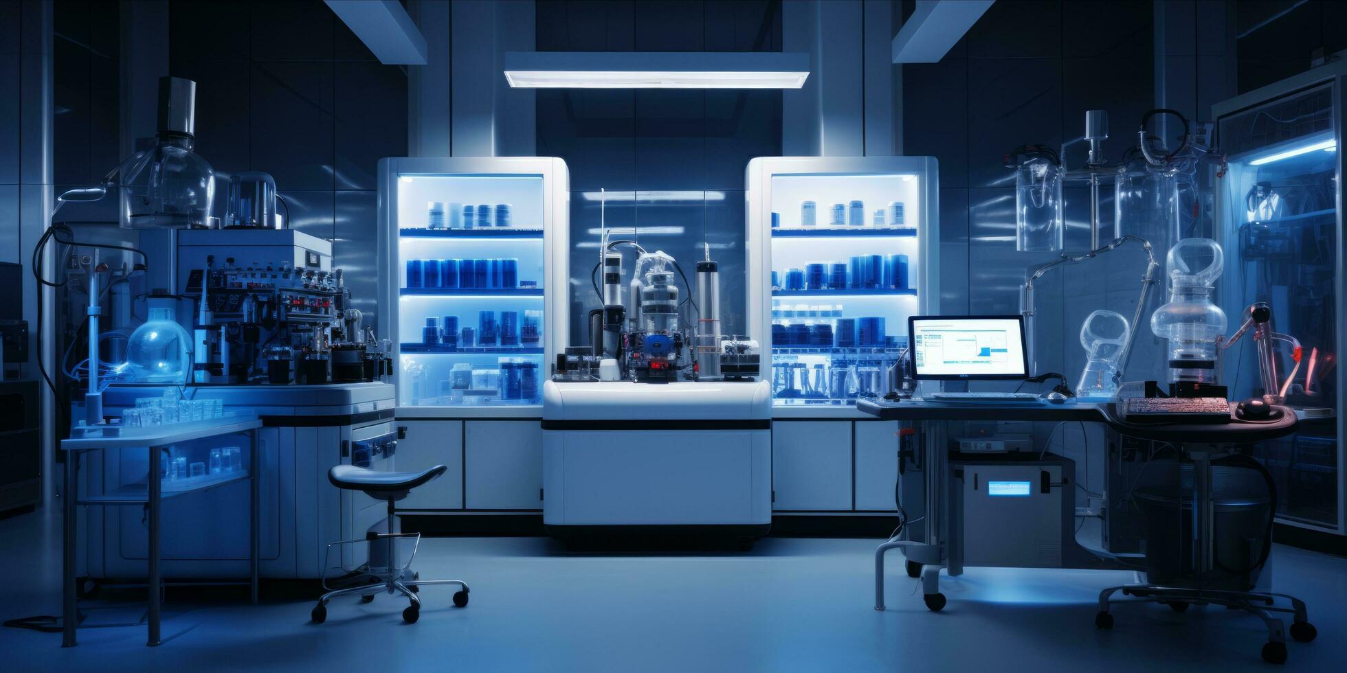 AI generated A modern laboratory with scientific equipment, glassware on benches, and digital screens photo