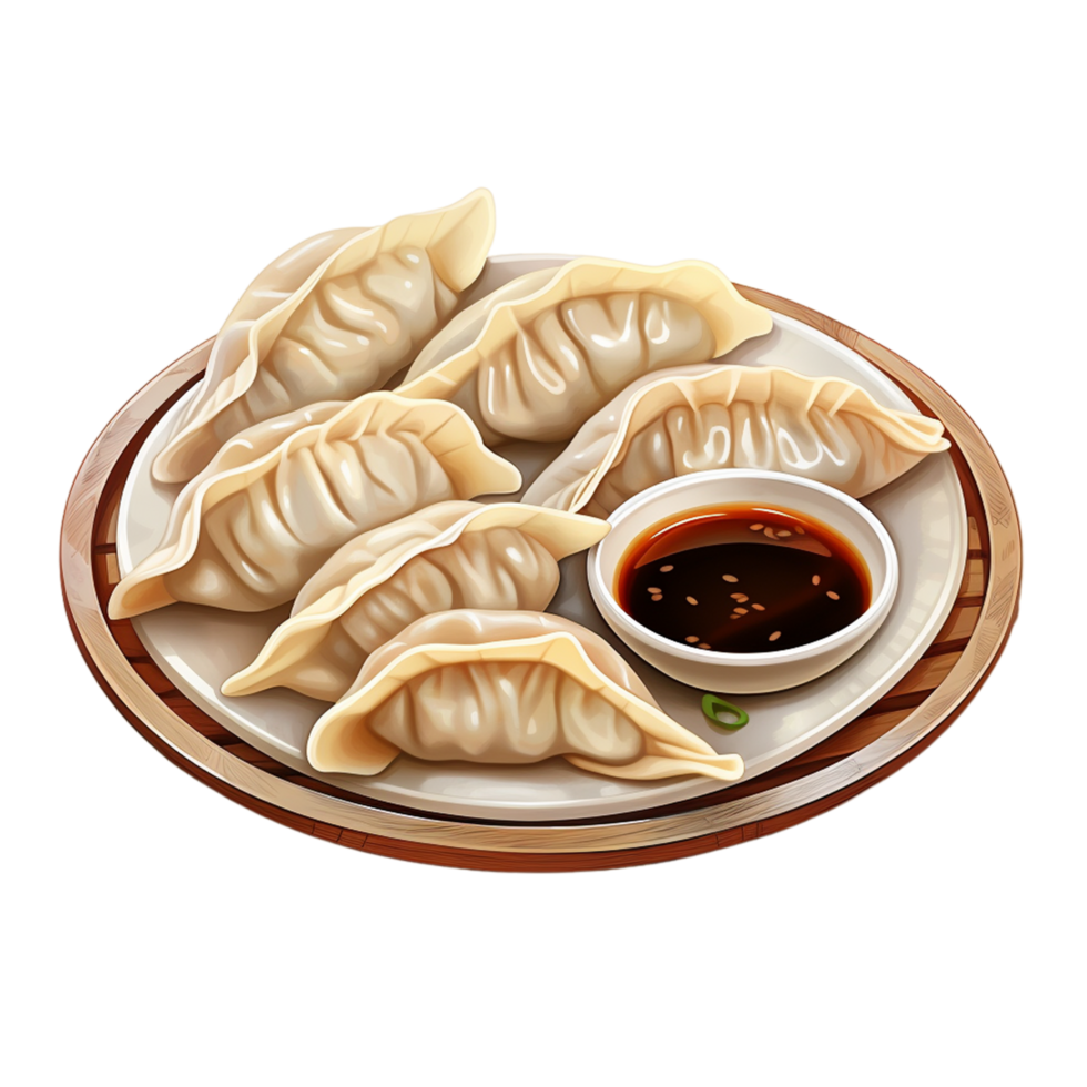 AI generated Plate of dumplings with a bowl of sauce png