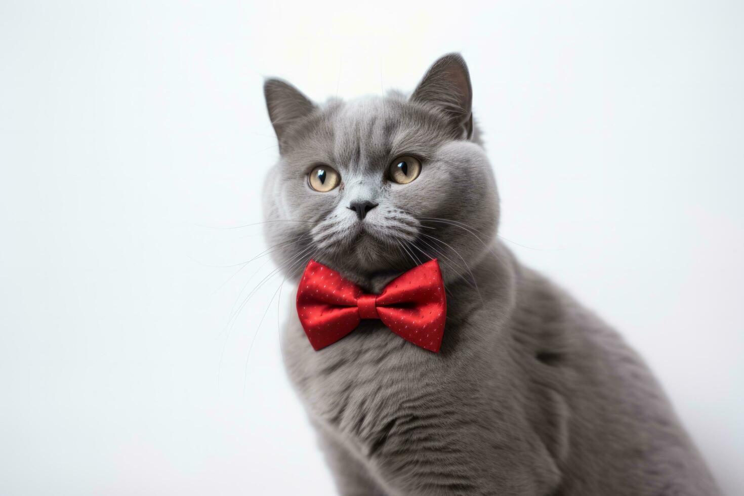 AI generated Grey cat with a red bow tie looking up photo