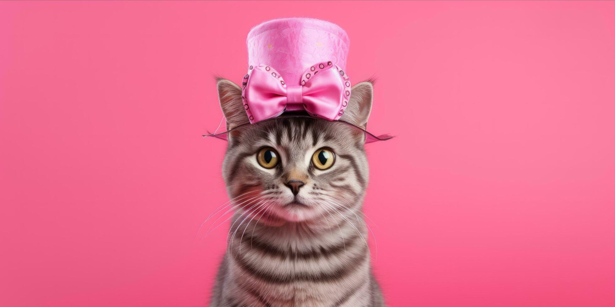 AI generated Cat with pink bow tie on pink background photo