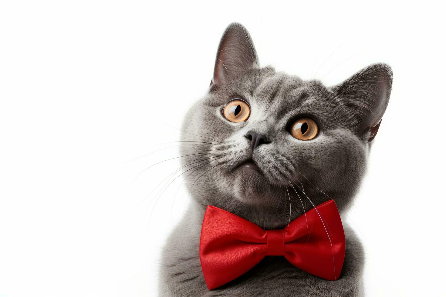 AI generated Grey cat with a red bow tie looking up photo