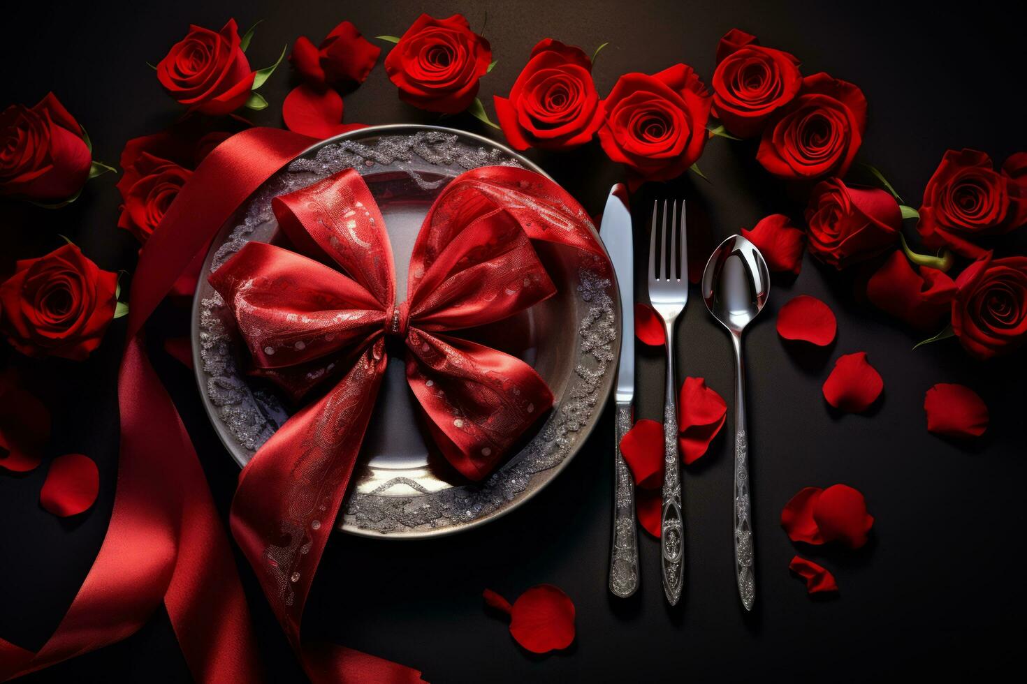 AI generated Romantic cutlery wrapped with a ribbon and roses photo
