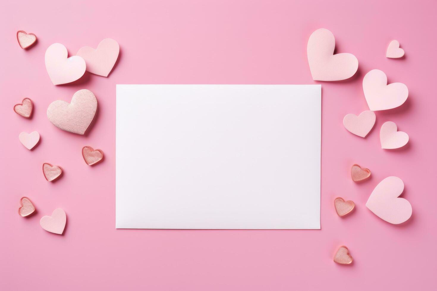 AI generated Blank card with envelope and hearts on pink background photo