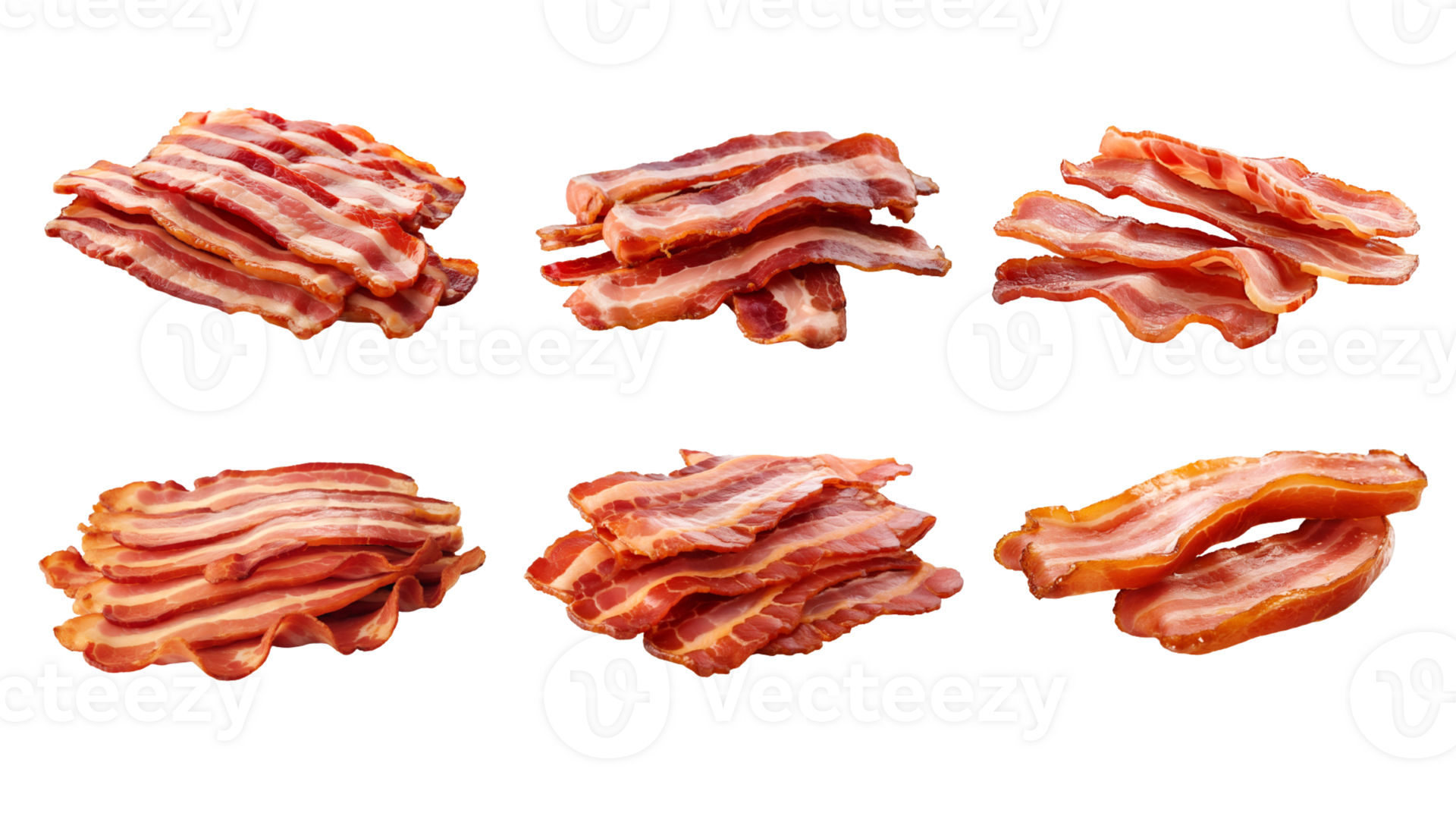 AI generated Collection of PNG. Cooked bacon rashers isolated on a
