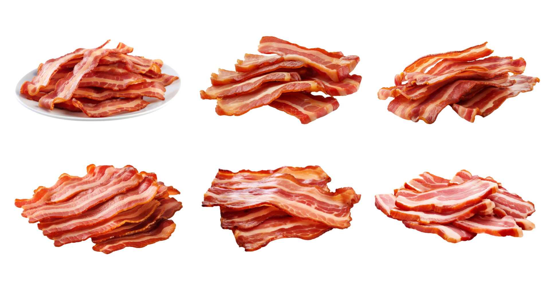 AI generated Collection of PNG. Cooked bacon rashers isolated on a