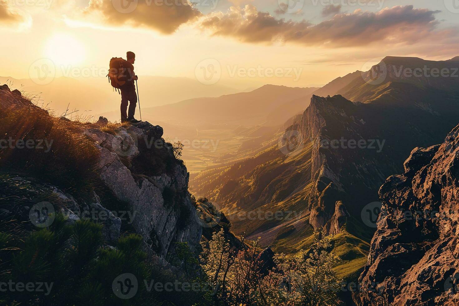 ai generado caminante a el cumbre de un montaña con vista a un maravilloso ver foto