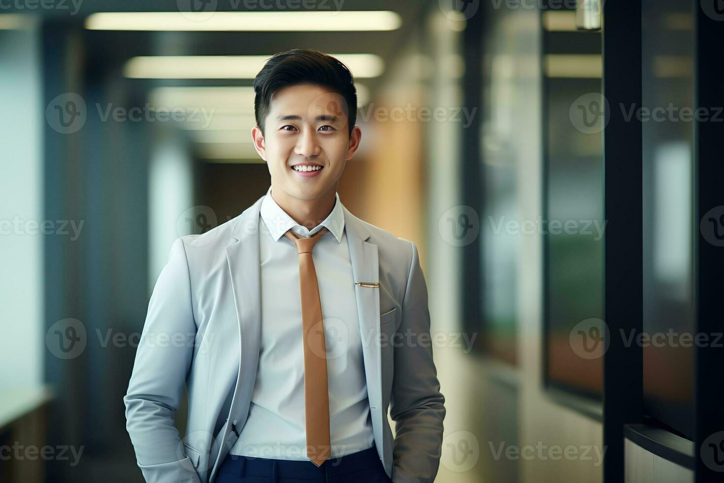 AI generated smiling businessman in the office, handsome and confident photo