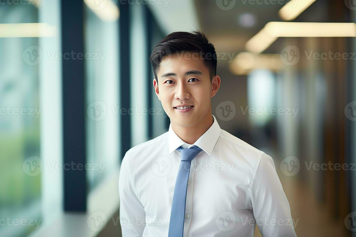 AI generated smiling businessman in the office, handsome and confident photo