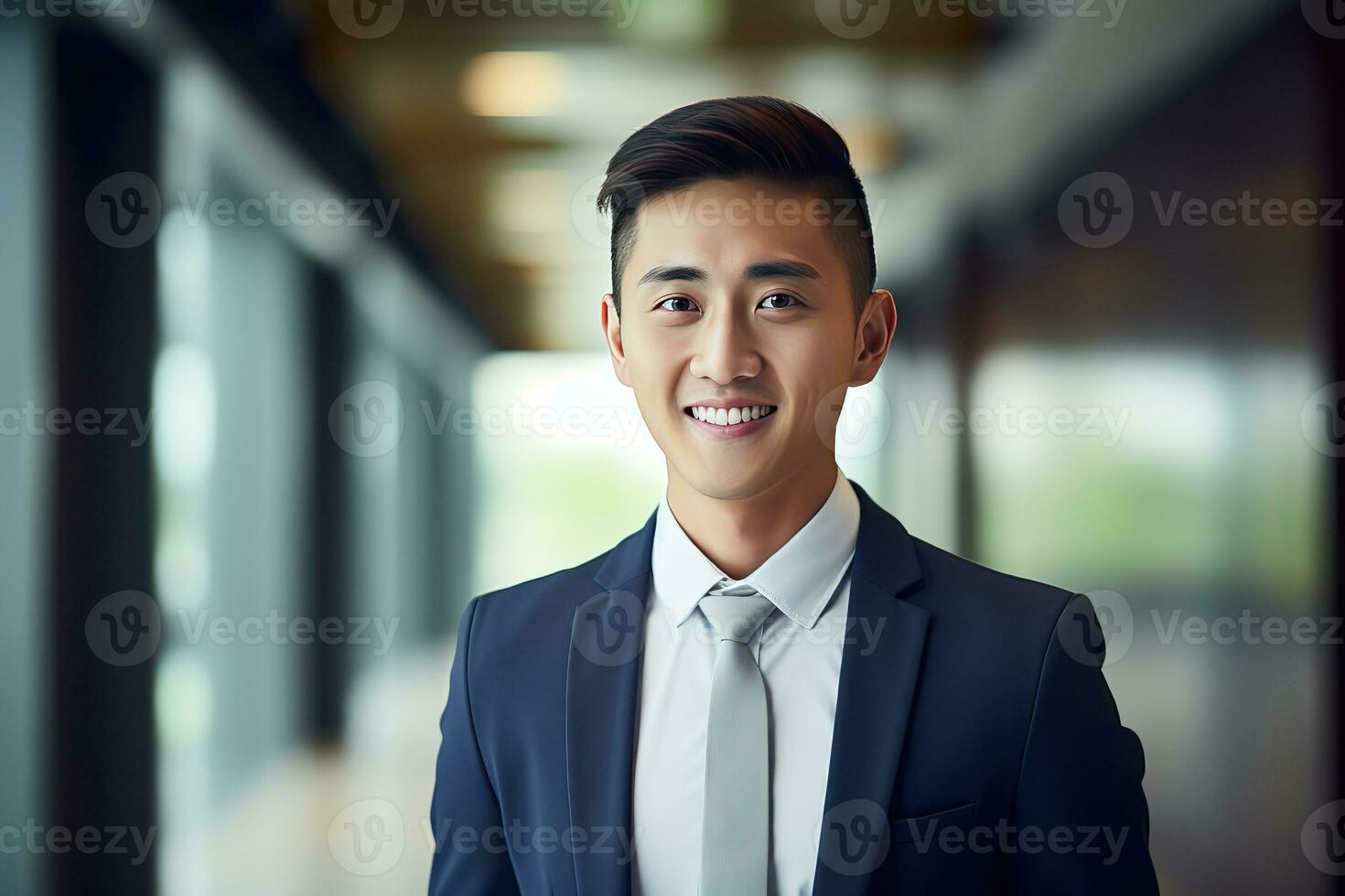 AI generated smiling businessman in the office, handsome and confident photo