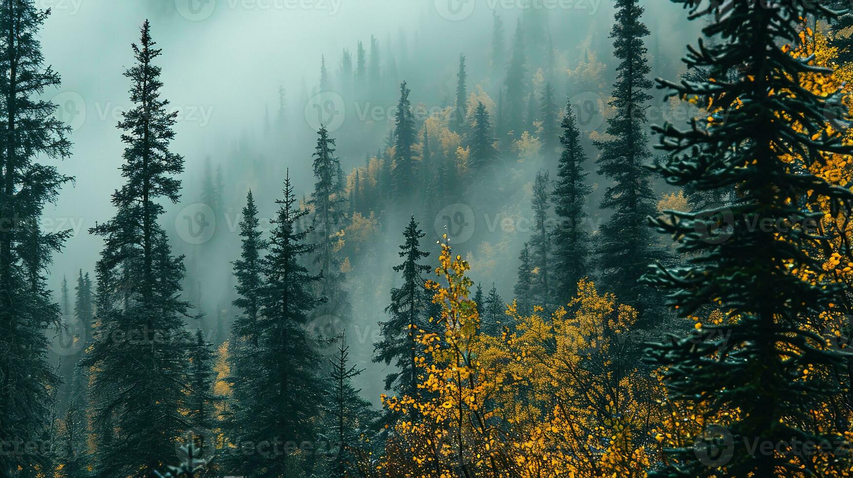 AI generated the land of pine trees, rain forest, mist, autumn fog photo