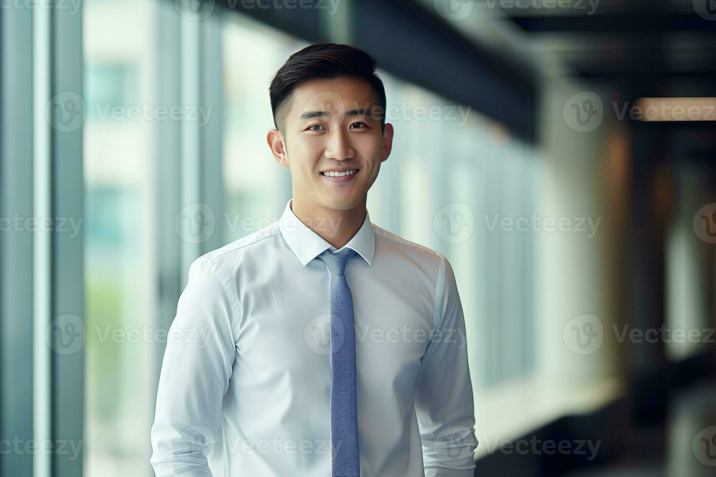 AI generated smiling businessman in the office, handsome and confident photo