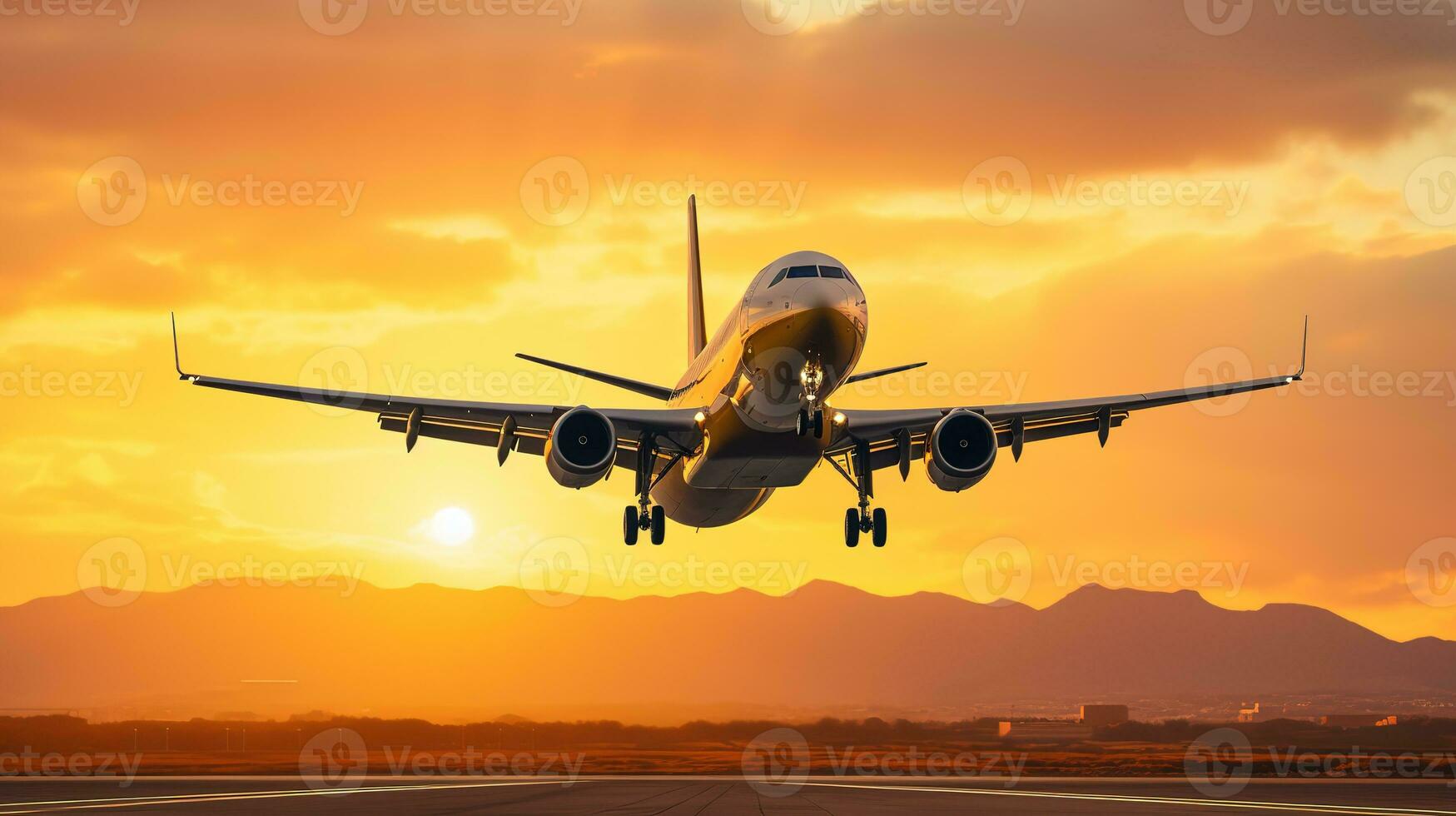 AI generated Landing a plane against a golden sky at sunset. Passenger aircraft flying up in sunset light. Travelling and Business concept photo