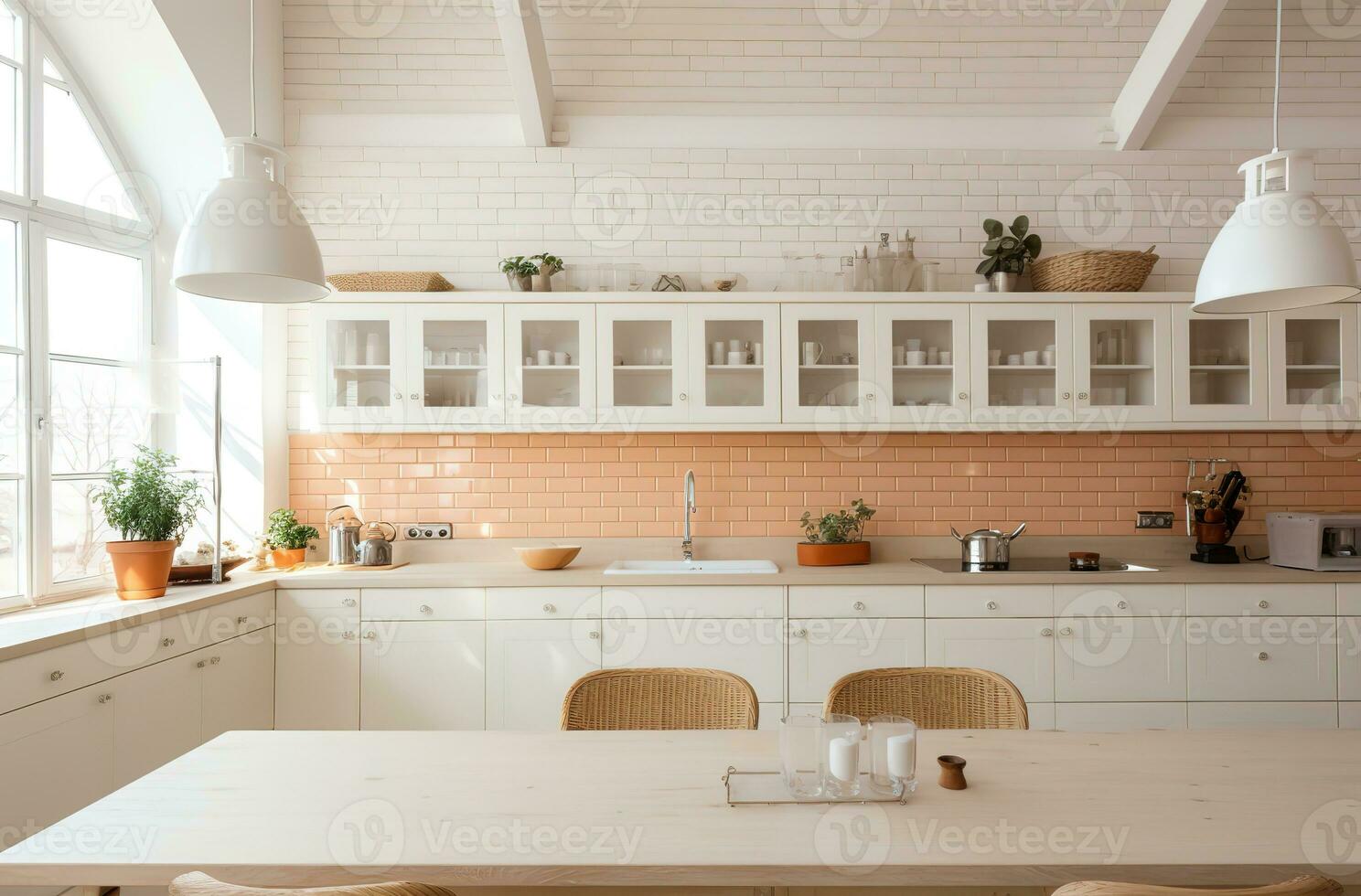 AI generated kitchen in white brick wall with wooden floor photo