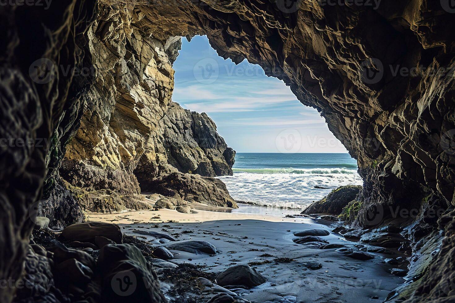 AI generated the beach from the inside of a large, rock cave photo