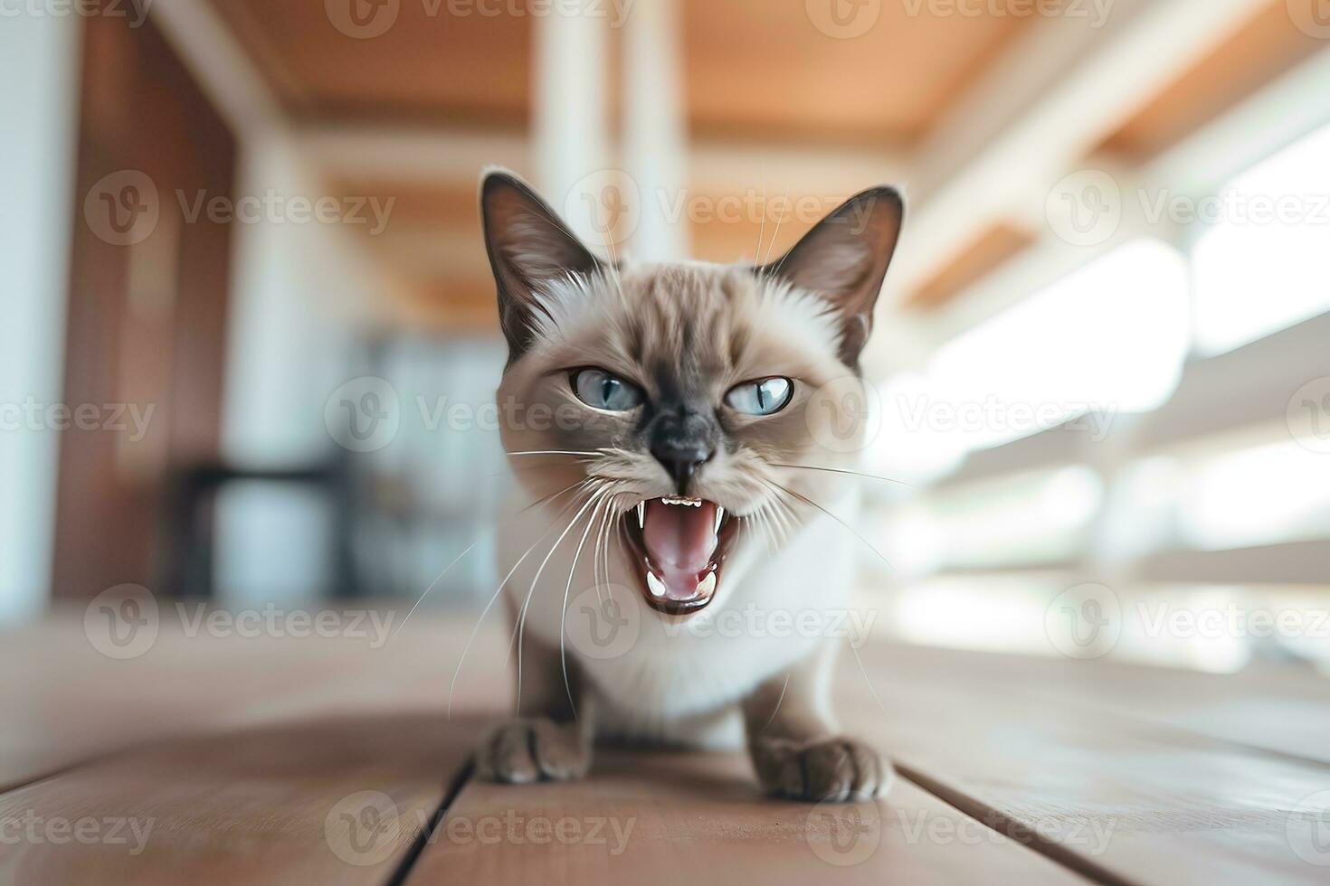 AI generated Thai Tonkinese cat hissing in a cozy home background photo