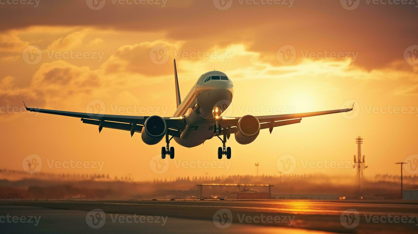 AI generated Landing a plane against a golden sky at sunset. Passenger aircraft flying up in sunset light. Travelling and Business concept photo