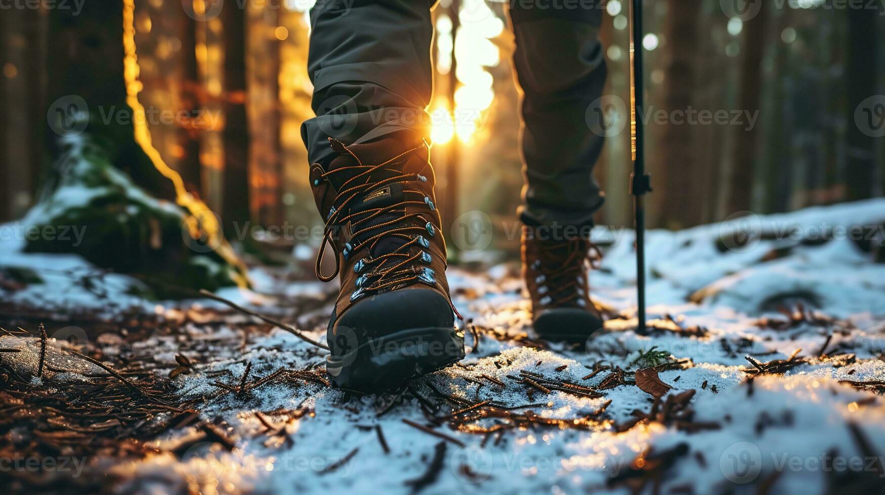 AI generated Close up of legs of person in hiking shoes walking in the winter forest photo