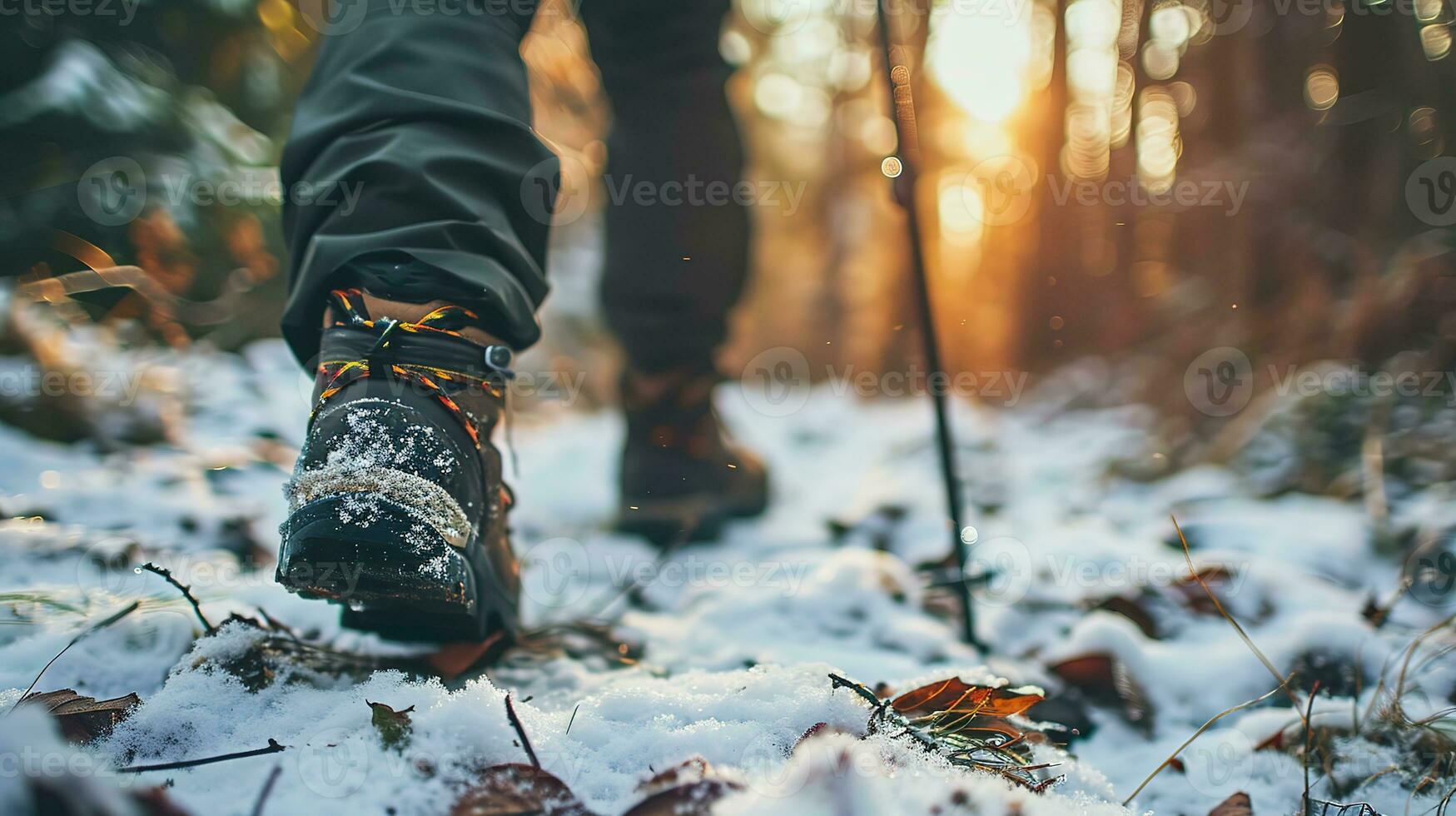 AI generated Close up of legs of person in hiking shoes walking in the winter forest photo