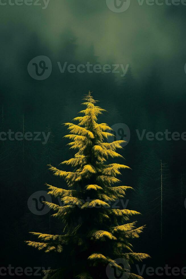 AI generated the land of pine trees, rain forest, mist, autumn fog photo