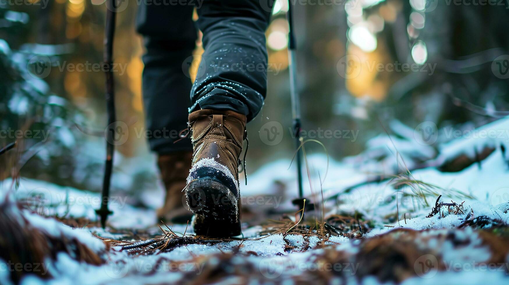 AI generated Close up of legs of person in hiking shoes walking in the winter forest photo