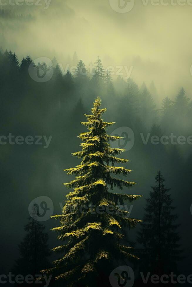 AI generated the land of pine trees, rain forest, mist, autumn fog photo