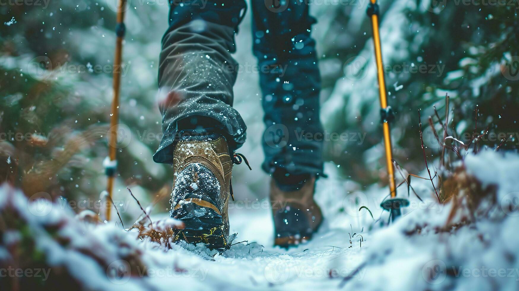 AI generated Close up of legs of person in hiking shoes walking in the winter forest photo