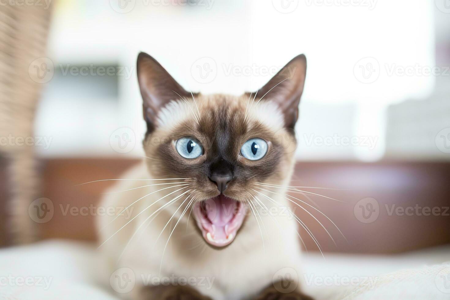 AI generated Thai Tonkinese cat hissing in a cozy home background photo