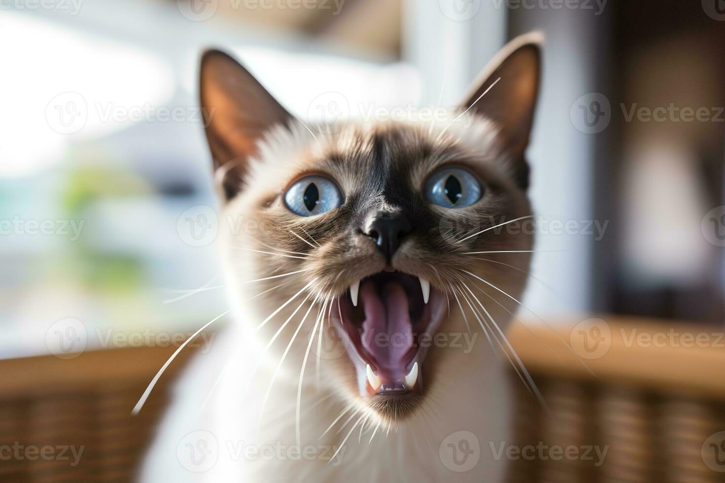 AI generated Thai Tonkinese cat hissing in a cozy home background photo