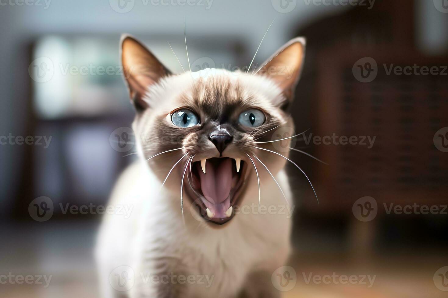 AI generated Thai Tonkinese cat hissing in a cozy home background photo