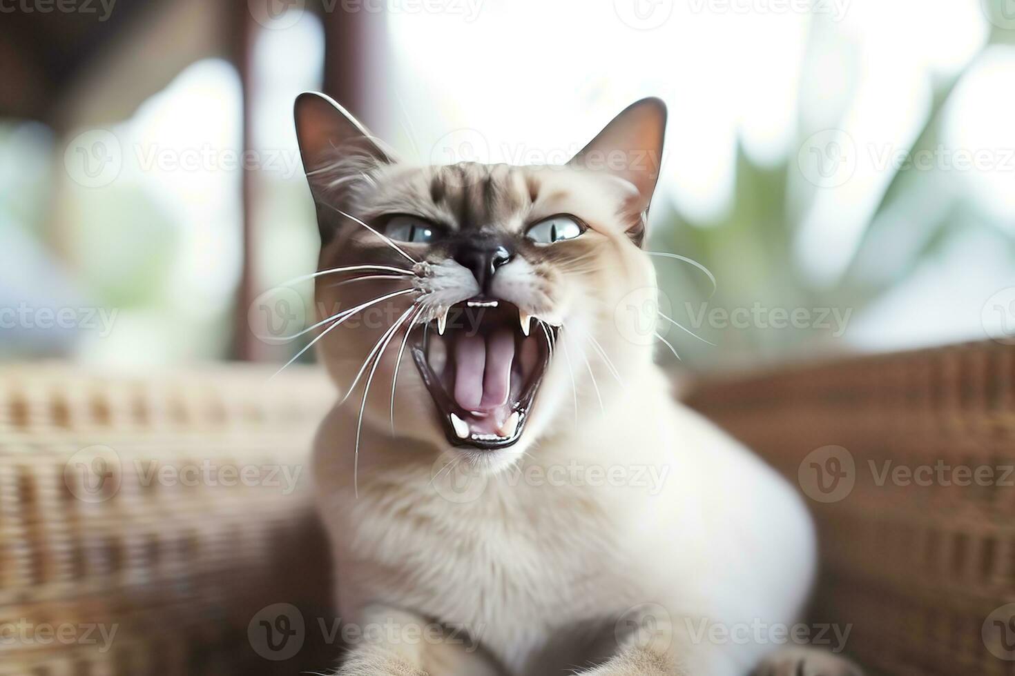 AI generated Thai Tonkinese cat hissing in a cozy home background photo