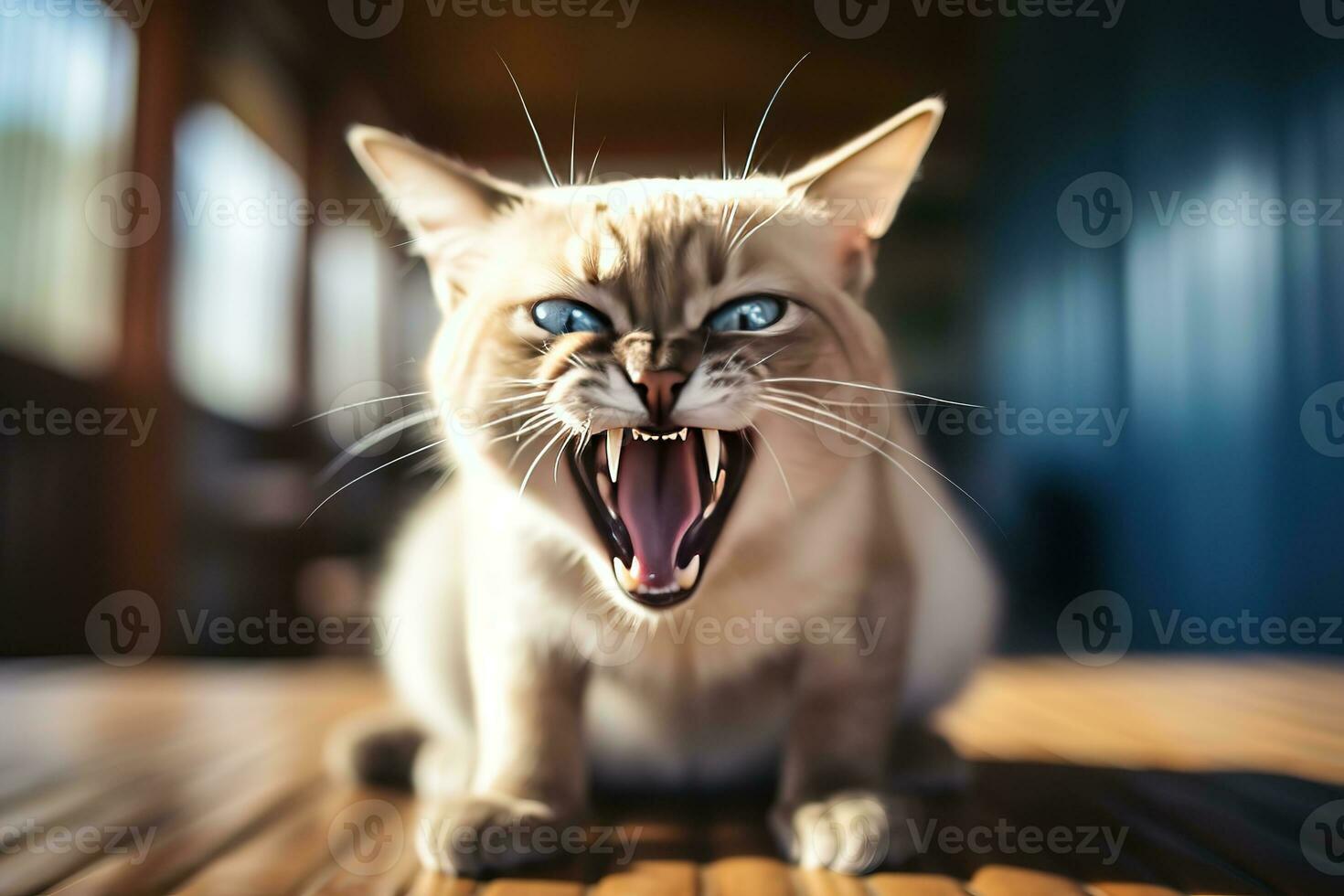 AI generated Thai Tonkinese cat hissing in a cozy home background photo