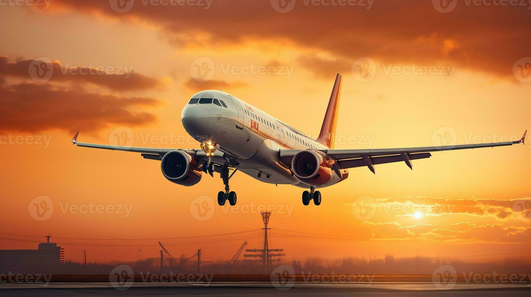 AI generated Landing a plane against a golden sky at sunset. Passenger aircraft flying up in sunset light. Travelling and Business concept photo